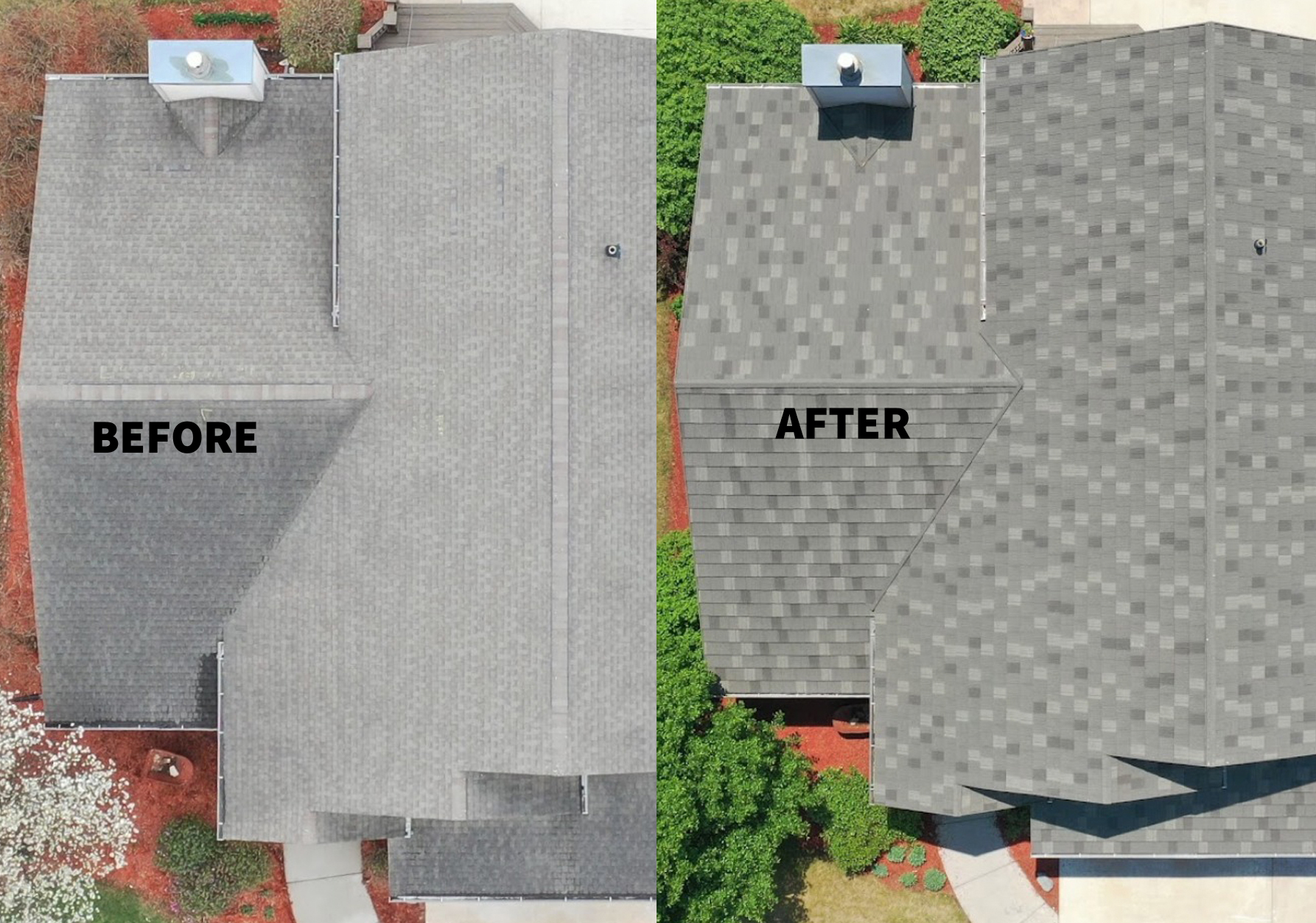 before and after damaged roof replacement