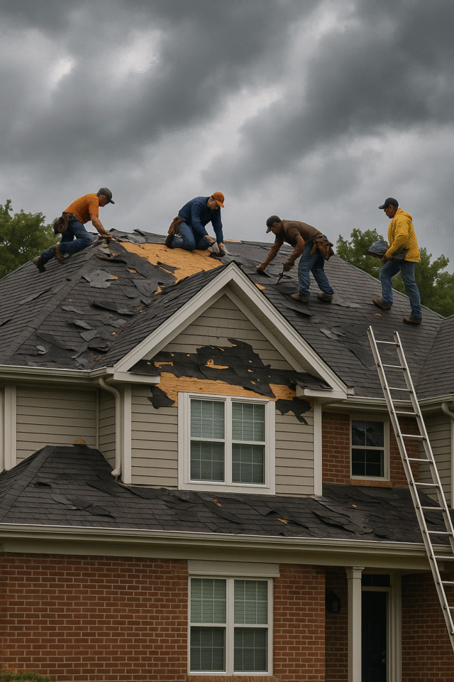 Crew performing fast storm damage repair on Illinois home after severe weather