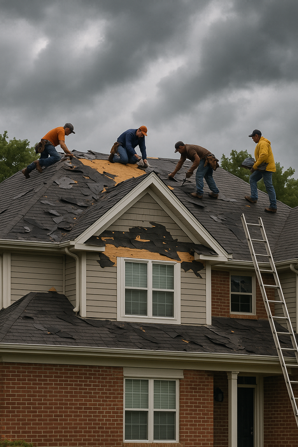 Crew performing fast storm damage repair on Illinois home after severe weather