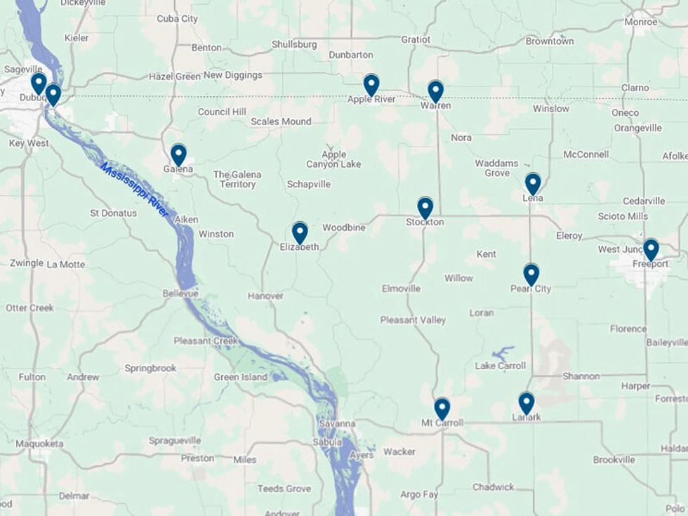 Illinois map with pins showing the areas serviced