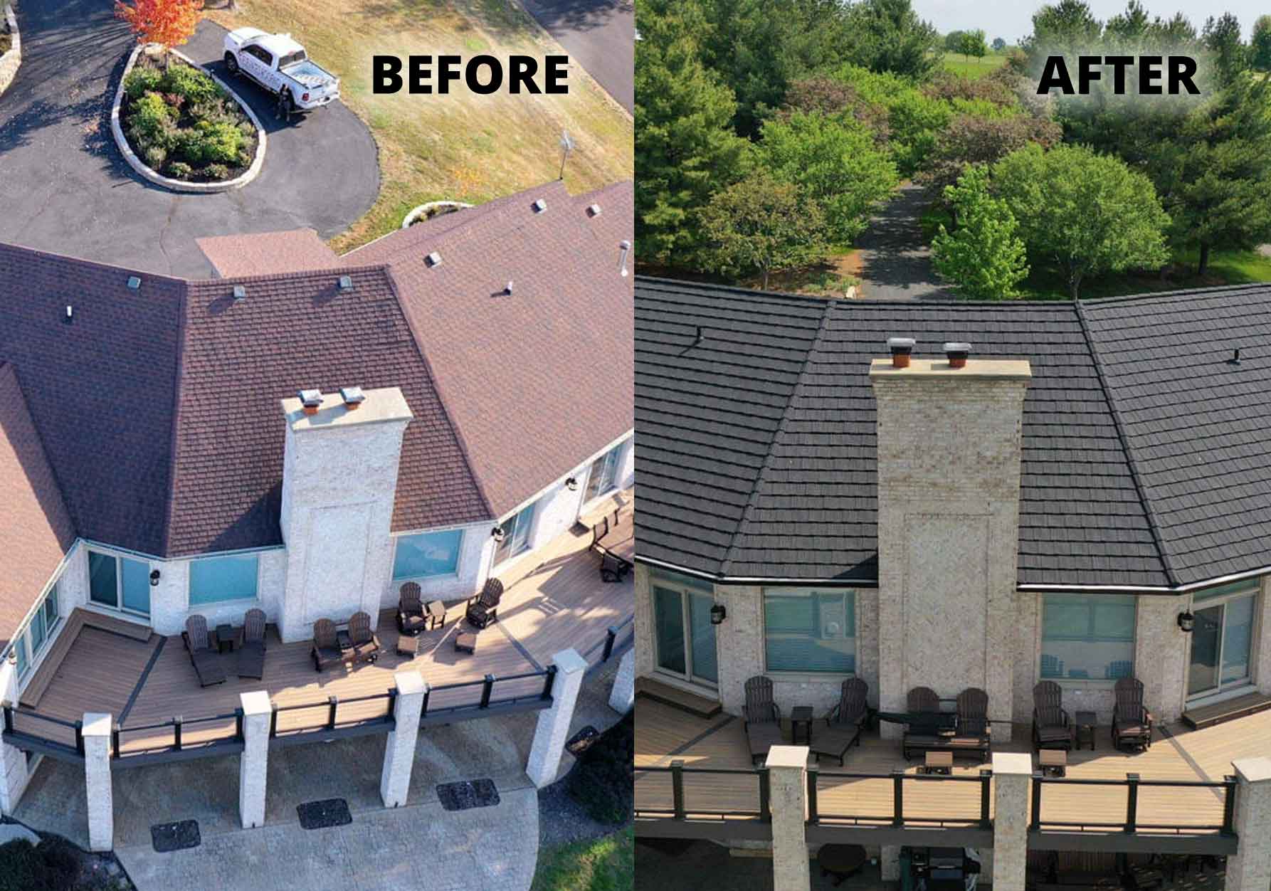 before and after beautiful Lanark roof replacement with upper deck