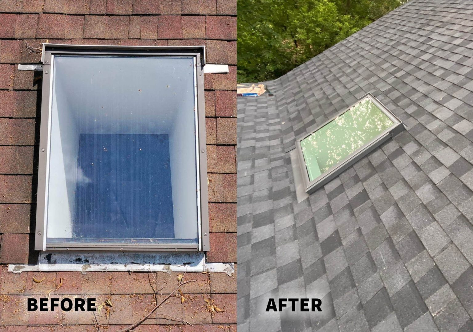 Apple River, IL before and after roof replacement showing close up of a skylight
