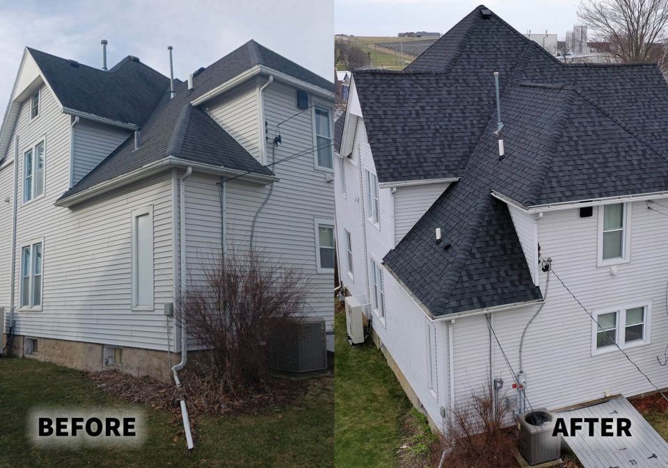 Stockton, IL before and after of a full roof replacement