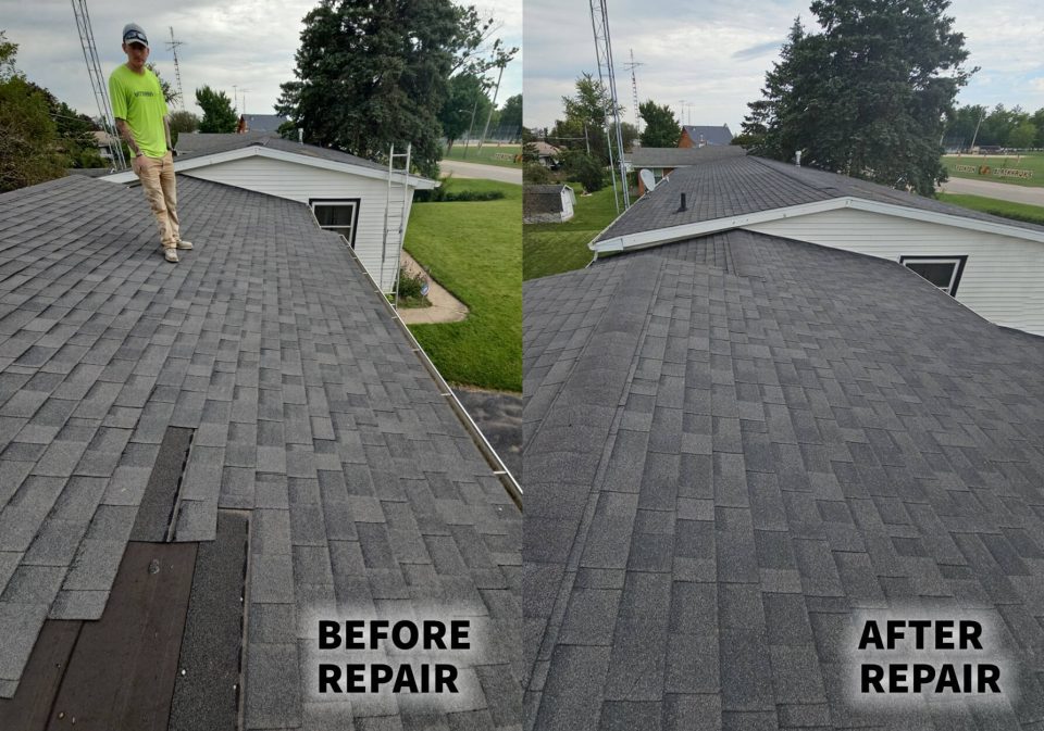 Stockton, IL before and after a damaged roof repair
