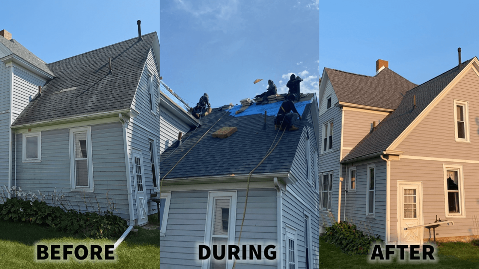 Stockton, IL before, during, and after of a full roof replacement