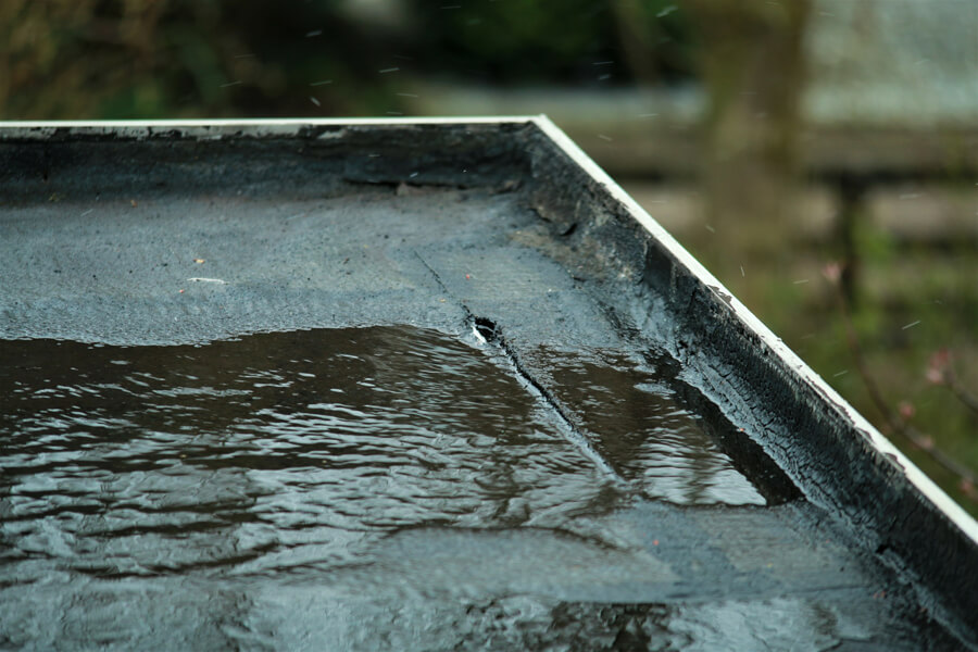 Water collecting on an old commercial roof