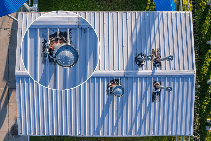 Damaged commercial roof in need of repairs