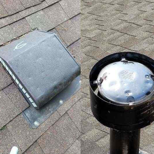 2 examples of hail damage done to a roof's vent covers