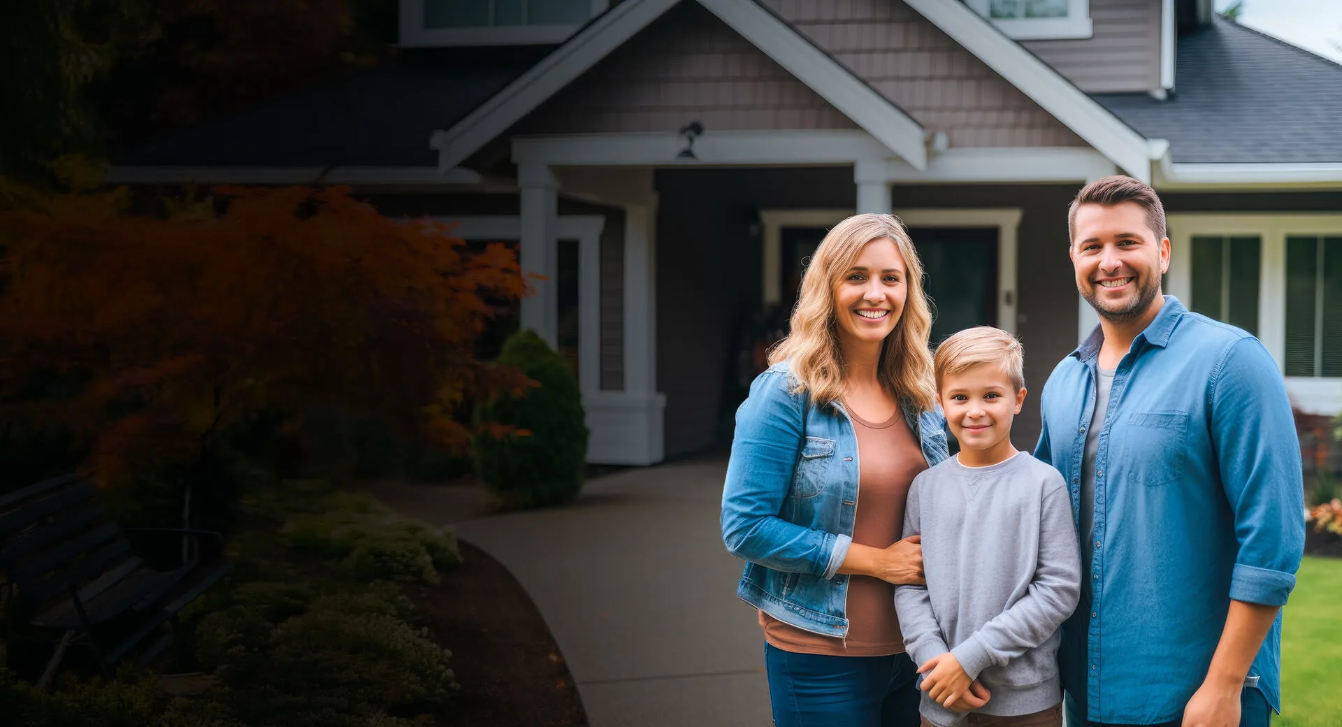 A man, woman, and child standing in front of their home smiling because they're happy with their new roof