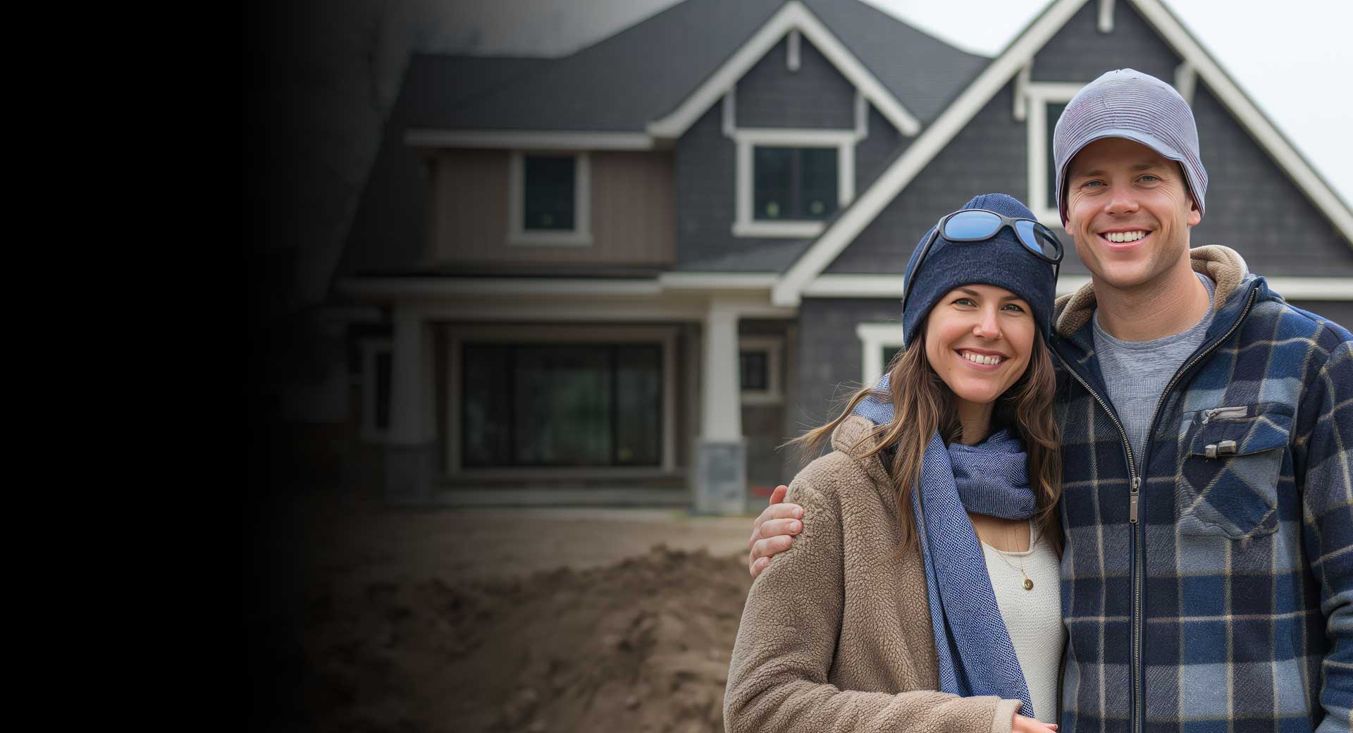 Young couple standing in front of their new construction home smiling because they're happy with their new roof replacement