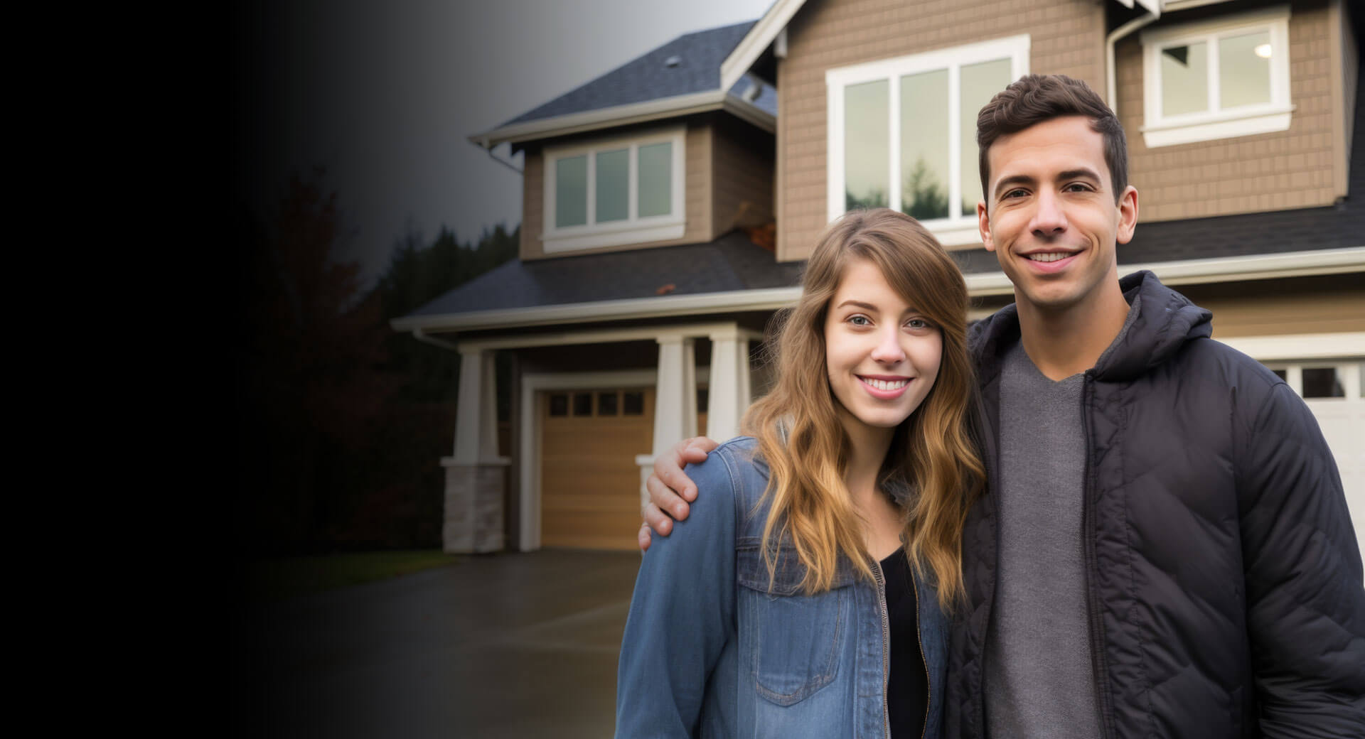 Young couple standing in front of their home smiling because they're happy with their roof replacement