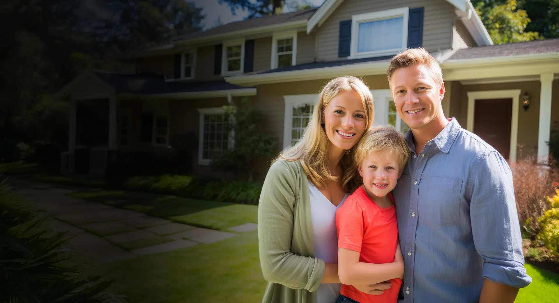 A man, woman, and child standing in front of their home smiling because they're happy with their new roof