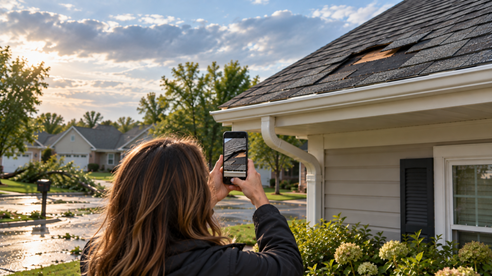 Homeowner photographing roof damage after a storm for documentation