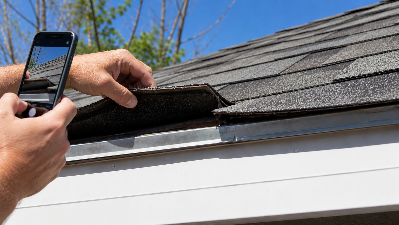 Roofing contractor inspects a residential roof and documents findings for a homeowner