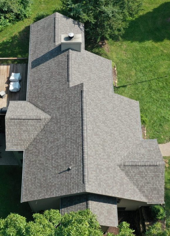 Aerial view of a home that had roof maintenance done.