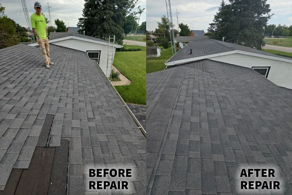 Before and after photos of a rooftop that was repaired
