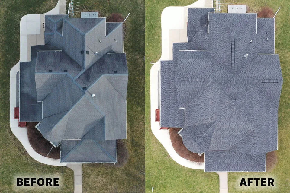 Before and after aerial view photos of a full roof replacement in Stockton, IL