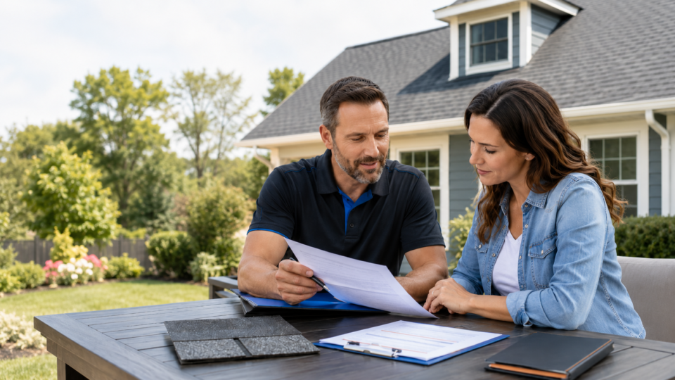 Roofing contractor reviews warranty and workmanship coverage documents with a homeowner