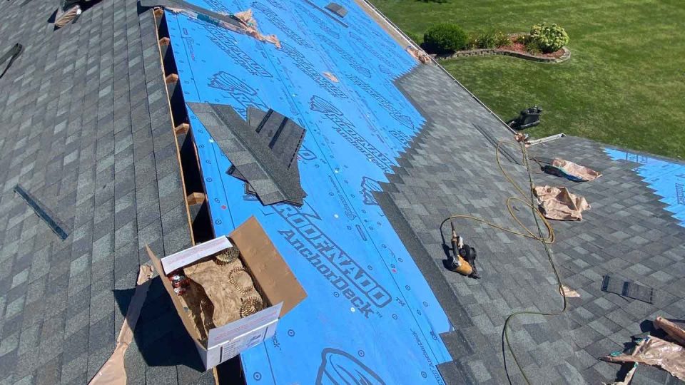 Stockton, IL single level ranch home #2 during a full roof replacement installing asphalt shingles over roofing underlayment