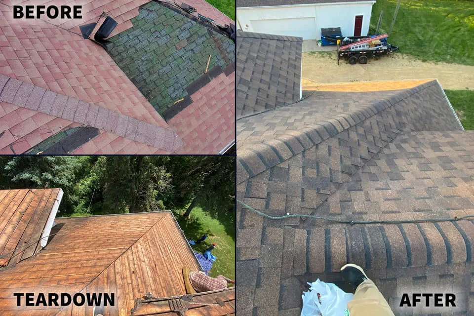 Before, teardown, and after photos showing the process of repairing a roof after storm damage