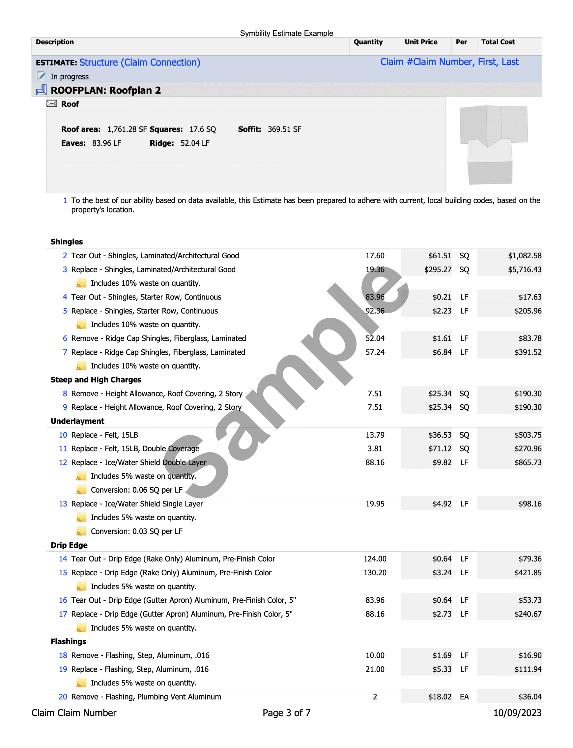 symbility roof damage estimate insurance claim - example page three