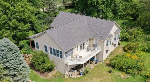 Aerial view of Kay's rooftop after a full roof replacement