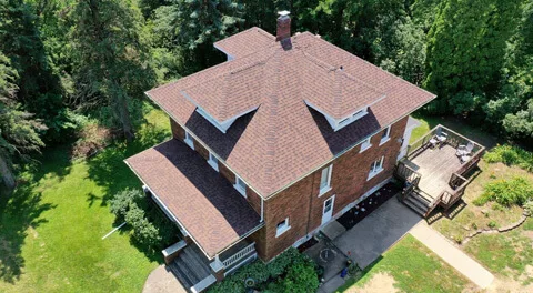 Aerial view of Sherman's rooftop after storm damage repair