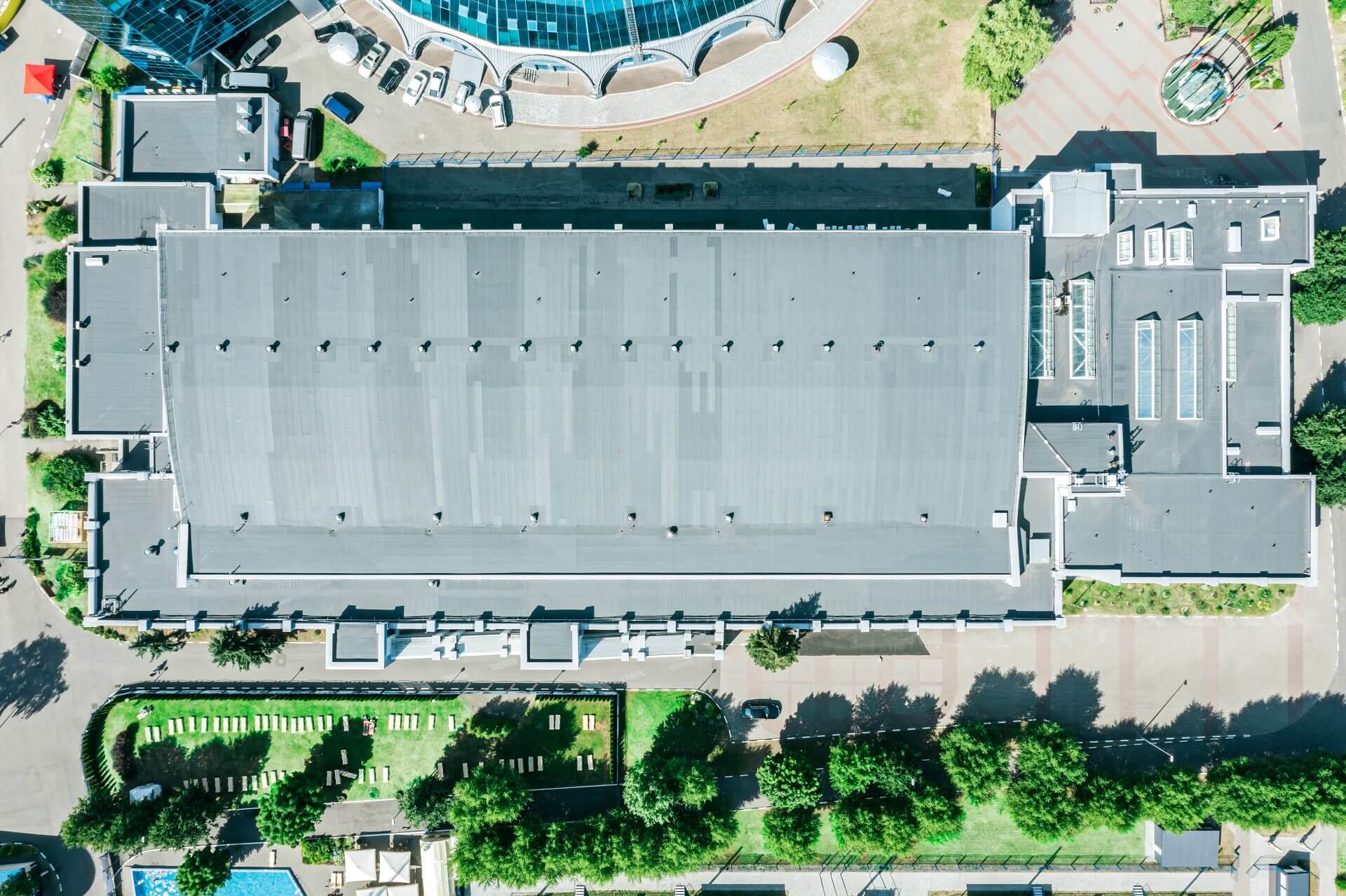 Aerial view of a large commercial roof