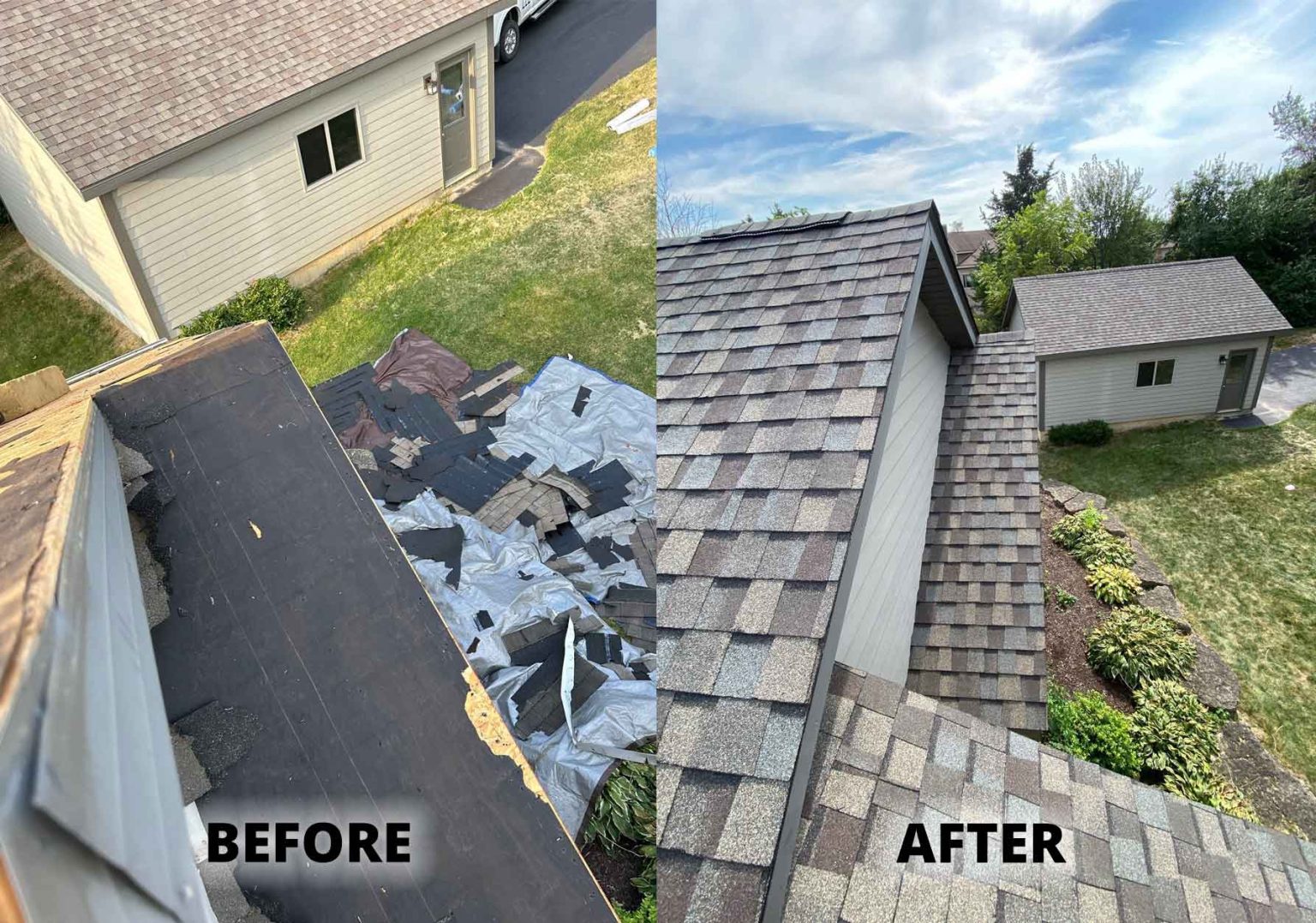 Before and after roof repairs due to wind damage